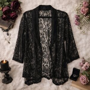 Black Sheer Lace Kimono Cardigan M Boho Goth Festival Duster